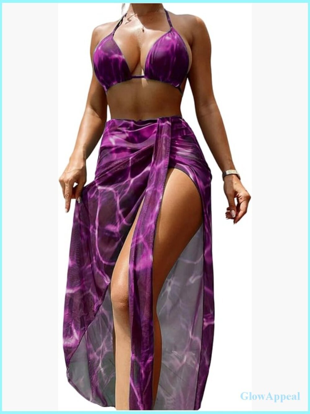 3 Piece Bikini Set Halter String Swimsuit with Beach Cover Up Skirt